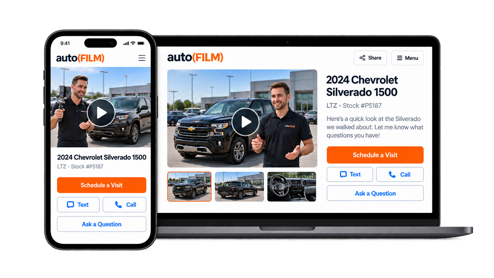 The AutoFilm customer page for a 2024 Chevrolet Silverado 1500 on a phone and a laptop: the salesperson’s video, the vehicle’s details, and buttons to schedule a test drive, text, call or ask a question.